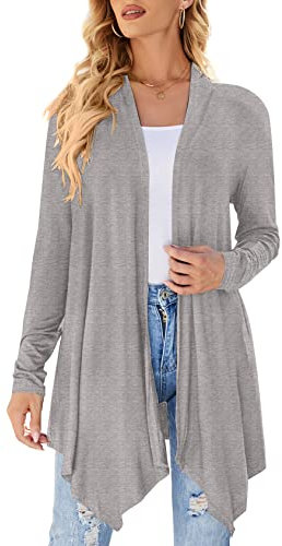 Cardigan da donna drappeggiato aperto sul davanti casual a maniche lunghe leggero cardigan maglioni spolverino, Grigio chiaro, M