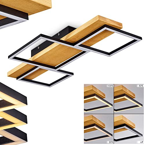 LED Deckenleuchte Pompu, dimmbare Deckenlampe aus Metall/Holz in Schwarz/Natur, über herkömmlichen Lichtschalter dimmbar, moderne Leuchte mit Holzbalken, 1 x LED 30 Watt, 3000 Kelvin, 2800 Lumen
