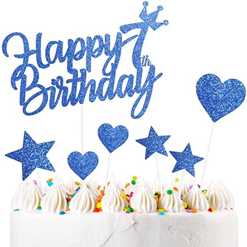 Yiran Personalised Happy 7th Birthday Cake Toppers Decorations Blue for Boy Men Girl Women Kids, Double Sided Glitter Cupcake Topper Kit 7 Years Party Décor Supplies