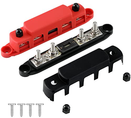 Greluma 1 Paio Blocco distribuzione alimentazione M8 (5/16) a 4 prigionieri, barra collettrice a 4 vie 12-48 V con fusibile 300 A