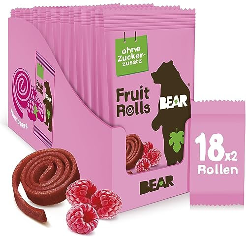 BEAR Fruchtrollen Himbeere | 100% Natürliche Inhaltsstoffe | Ohne Zusatz von Zucker | Gesunder Snack für Kinder & Erwachsene | 18 Beutel x 20g | 360g