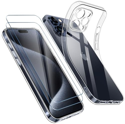 Qasyfanc Kameraschutzhülle Kompatibel mit iPhone 15 Pro Max Hülle Transparent mit 2 Stück Schutzfolie, Handyhülle iPhone 15 Pro Max Dünne Weiche Silikon Anti-Gelb Schutzhülle, Durchsichtig