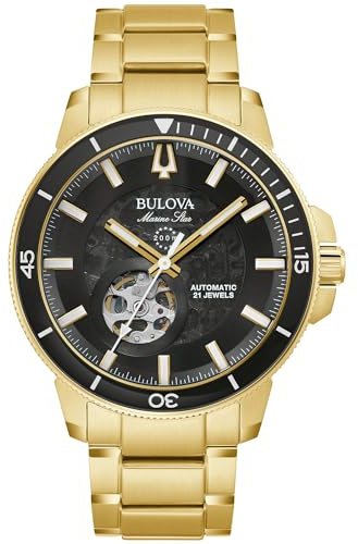 Bulova Herren Marine Star 'Series C' Automatik Edelstahl 3-Zeiger Uhr Ausstellungsgehäuse Drehbare Lünette, Goldton, Marine Star Series C Automatik-Armband aus goldfarbenem Edelstahl
