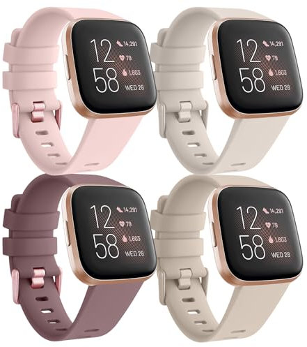 Tobfit 4Stück für Fitbit Versa Armband Damen Herren,Silikon Weiches Sport Ersatzarmbänder für Fitbit Versa 2 Armband/Versa/Versa Lite/SE Armband(S,Rosa/Starlight/Milchtee/Violett)