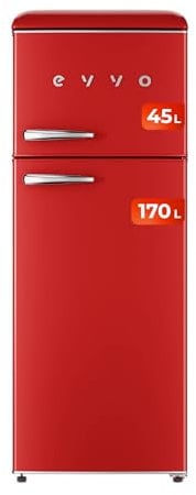 EVVO Frigorífico 2 puertas, Estilo Retro, Refrigerador 170 litros, Congelador 45 Litros, Diseño Vintage, Cajón Crisper Zone, Libre de Gas CFC, Silencioso. F45 Color Rojo