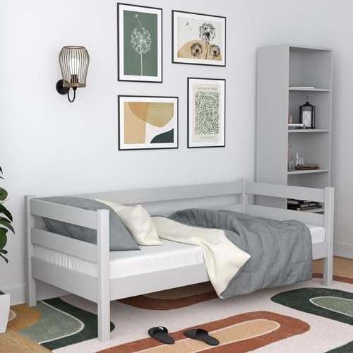 N-wood N01 Massivholzbett 80x200 cm, Sofabett, Bettgestel mit lattenrost, Bett für Kinder, Jugendliche und Erwachsene, sichere abgerundete Kanten, Hochwertige und umweltfreundliche Lacke, Grau