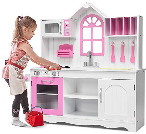 DREAMADE Cuisine Enfant, Cuisine en Bois avec Micro-Ondes, Four, Cuisinières, Robinet, Accessoires de Cuisson, Jouet de Cuisine en Bois avec Étagères, Placards, pour 3+ Ans, Rose+Blanc