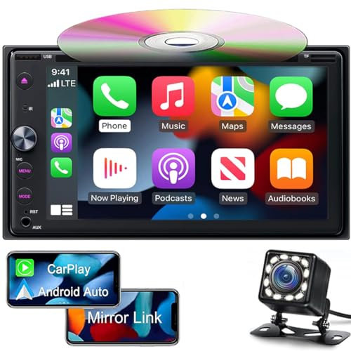 6.2 Doble DIN Auto estéreo HD Pantalla táctil iOS Carplay, Android Auto Bluetooth Multimedia DVD CD auot Radio, Car Play Mirror Link para Coche con cámara de Respaldo, RDS Am FM USB SD AUX