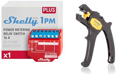 Shelly Plus 1PM WLAN & Bluetooth Relais Schalter mit Strommessung| Smart Home Hausautomation| Funktioniert mit Alexa & Google Home| iOS- & Android-App & JOKARI 20050 Abisolierzange Super 4 plus