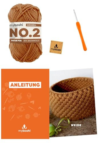 myboshi Häkelset Osterkörbchen Weide für Anfänger, inkl. No.2 Wolle, Häkelnadel, Anleitung, original Label in Lederoptik, 30% Merinowolle, Braun (Karamell) mit Häkelnadel