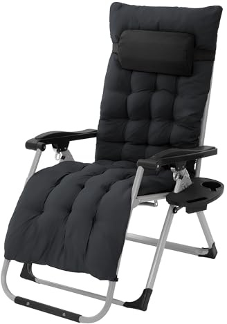 Hauki Sonnenliege klappbar Schwarz, Liegestuhl mit ergonomischem Polster, verstellbarem Nackenkissen, Getränkehalter, Extra groß Gartenliege wetterfest, Outdoor Relaxliege, Gartenstuhl mit Rückenlehne