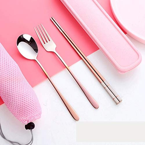 cuchara 3 PCS 304 de acero inoxidable al aire libre Juego de cubiertos de Student Juego de cubiertos Tenedor Cuchara palillos / portátil de viaje Juego de cubiertos de paja de trigo que lleva el bolso