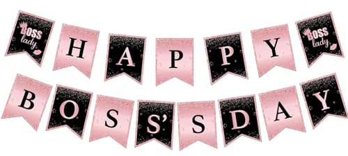 Banner Happy Boss's Day, Partydekoration, Banner Best Boss Ever, Wimpelkette für Büro, Glitzer, Boss-Tag, Dekoration, Girlanden (Schwarz, Rosa)