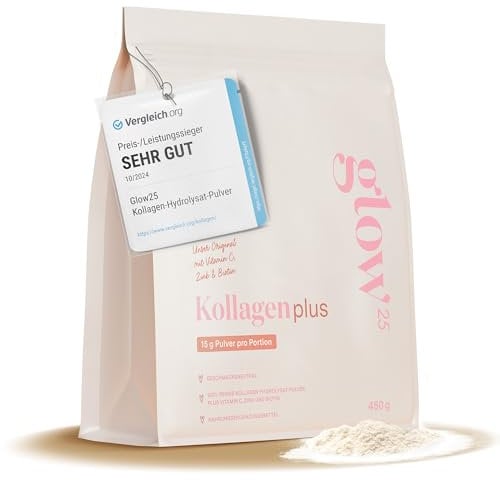 Glow25® Collagen Plus Pulver [450g] - Kollagen Hydrolysat mit Vitamin C, Zink und Biotin - Peptide Typ 1 und 3 - Gute Löslichkeit - Neutral