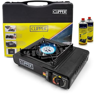 Hornillo de Camping Portátil Clipper + 2 Cartuchos de Gas de 400ml - Compacto, con Maletín de Transporte - Ideal para Acampada