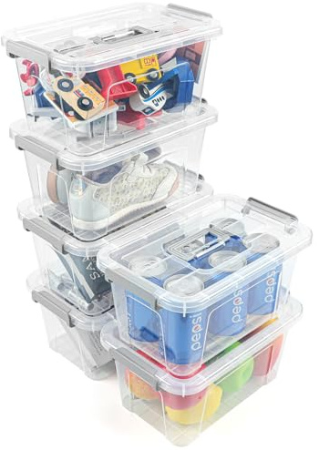 AREYZIN Plastic Storage Box With Lids,7.5L*6 Storage Boxes with Lids,Stackable Storage Boxs with Protable Handle for Home,Office,Kids Room,Closet,School Art,Supplies Organization,6 Packs,Grey Lids