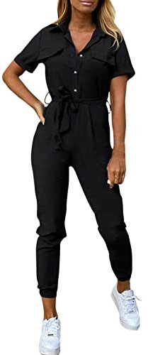 Overalls Women Rompers with Open Legs Women's Short Sleeve Cropped Coverall Button Down Tie Waist Cargo Jumpsuit Boiler Suit Women Black