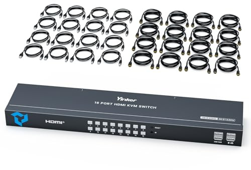 4K 60Hz HDMI KVM Switch 16 Port, Yinker HDMI KVM Switch 16 PC unterstützt 16 Computer 1 Monitor Keyboard Maus mit Typ-C-Ladeport 4 USB Port für 19-Zoll-Rack