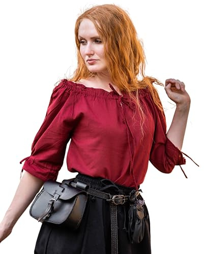 Leonardo Carbone® Damen Bluse Mittelalter Kurzarmbluse Sandra | Verstellbarer Kordelzug | Elegante Spitzenverzierung | Karneval, Halloween, Cosplay, LARP, Tunika, Hemd | 100% Baumwolle Rot XL