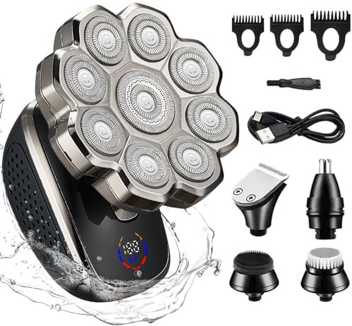 Glatzen Rasierer Herren Elektrisch,2025 Verbesserter 5-in-1 9D Kopfrasierer Glatze Herren,IPX6 Wasserdichter mit 9 rotierende Scherköpfe, Nasenhaar-Kotelettenschneider, Wiederaufladbarer Pflegeset