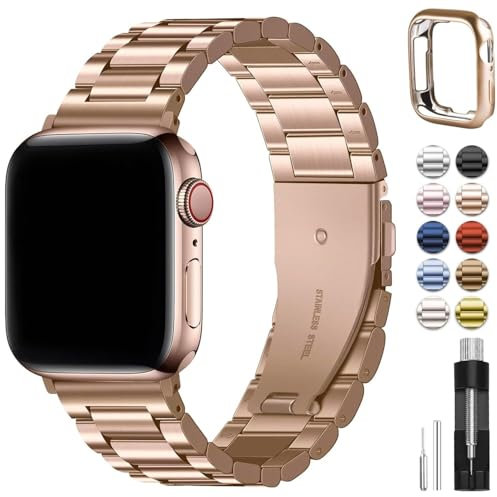 FFHDJL Per cinturini Apple Watch 49mm 45mm 44mm 42mm 41mm 40mm 38mm, cinturino Watch in acciaio inossidabile con custodia per Apple Watch Ultra2 Ultra Series 9 8 7 6 5 4 3 2 1 SE SE2(Rose Gold,38/40/4