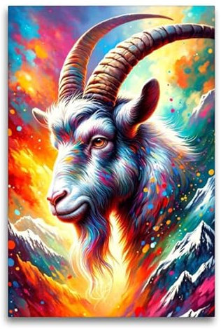 Premium Textil-Leinwand 60 x 90 cm Hochformat Steinbock - Ein Motiv aus dem Kalender Sternzeichen - Ein Jahr unter den Sternen mit von KI gemalten Tierkreiszeichen | Wandbild, HD-Bild auf Keilrahmen,