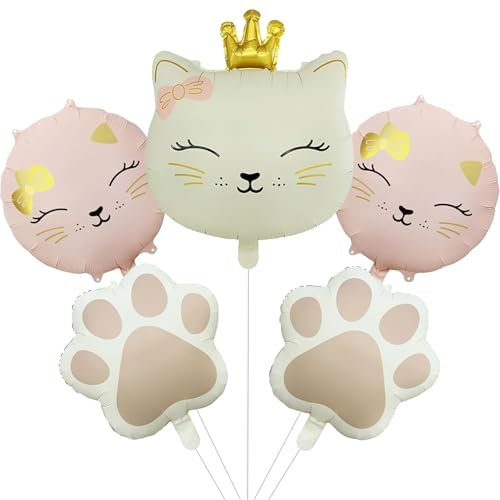DazzJoy 5 Stück Katzen Deko Luftballons Tiere Geburtstag Set, XXL Luftballon Tiere Ballons Katze, Folienballon Tiere Katzen Geburtstag Deko Mädchen, Creme Rosa Kronen Katze Ballon für Party Animals
