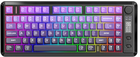 FREEWOLF M75 Dual-Mode Wireless Keyboard, Bluetooth+2.4G Connection, Knob Control&Display Screen, 82-key Compact PBT Gradient Keycaps, Rainbow Light, 2000mAh, Full-Key Non-Conflict for Mac/Win-Purple