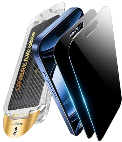 UNBREAKcable für iPhone 15 Pro Max für Panzerglas Sichtschutz, OneStep | Anti-Spy Gehärtete Glas für Schutzfolie, 25° Anti-Spy, 9H Militärklasse Schlagfestigkeit, 6,7 Zoll