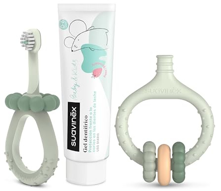 Suavinex, Starter-Set zur Zahnpflege, inkl. Zahnbürste für Babys + Zahnfleischmassagegerät + Zahnpasta für Babys, als Geschenk, ergonomische Griffe, für den täglichen Gebrauch, ab 0 Monaten, Grün