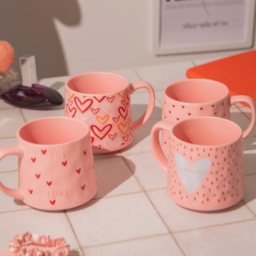 Love Heart Ceramic Mug 540ml Cute Pink Valentine’s Coffee & Tea Cup Matte Finish Gift Mug for Hot Chocolate, Cocoa, or Gifting Assorted Designs (Red Heart)