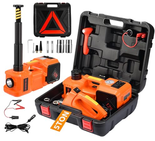 Elektrischer Wagenheber-Set, 5 Tonnen, 12 V, tragbarer hydraulischer Wagenheber mit Schlagschrauber und Reifenfüllpumpe, für SUV, Limousinen, Reifenwechsel mit LED-Licht, Hubhöhe 15,2 cm bis 45,9 cm