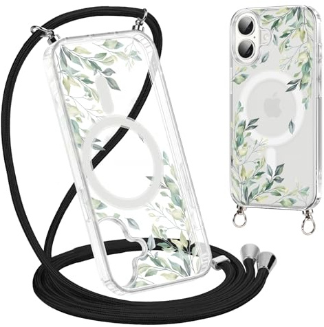 Yoedge Handyhülle Handykette für iPhone 17 6,3 Hülle mit Band,Transparent Magnetisch Case Kompatibel mit Magsafe, Silikon Stoßfest Schutzhülle Kordel zum Umhängen Cover mit Aesthetic Muster Blumen,02