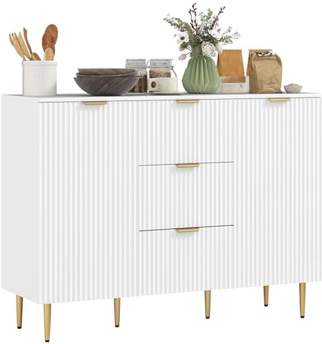 HOMCOM Buffet Meuble Cuisine Rangement Meuble de Rangement avec 3 tiroirs, étagères réglables, placards à Portes cannelées et Pieds en métal, Buffet Salle à Manger et Salon, 120 x 40 x 90 cm, Blanc