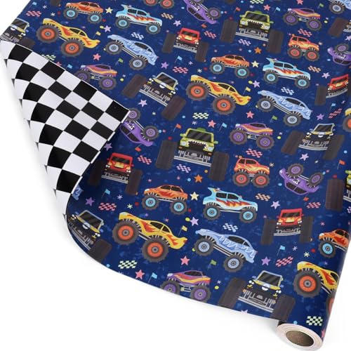 BIOBROWN Monster Truck Wendegeschenkpapier Minirolle, Zielflaggen-Design, perfekt für Kinder- und Jungengeburtstage, 43cm x 10m
