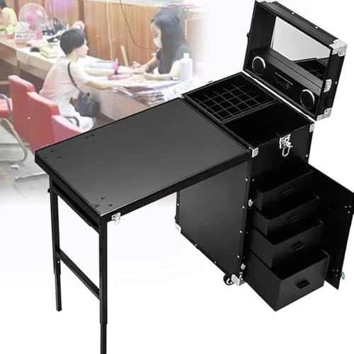 Portable Rolling Manicure Table - Foldable Nail Desk and Lockable Makeup Train Case for Travel - Cosmetic Trolley Storage Organizer