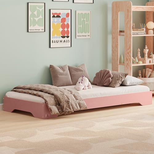 smartwood Kinderbett 90x200 cm mit Lattenrost, aus Holz, Rosa, TILA 7 | Montessori Bodenbett, Einstiegshöhe 18 cm, Belastbar bis 230 kg, FSC-Kiefernsperrholz, abgerundete Kanten, Einfache Montage