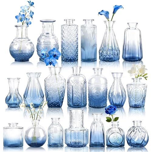 BTSD-home 20 Stück Blaue Vasen Klein Tischdeko zur Wohnzimmerdeko | Farbige Glasakzente Auch ohne Blumen dekorativ Als Diffuserflasche Kerzenhalter nutzbar Büro Schreibtischdekoration