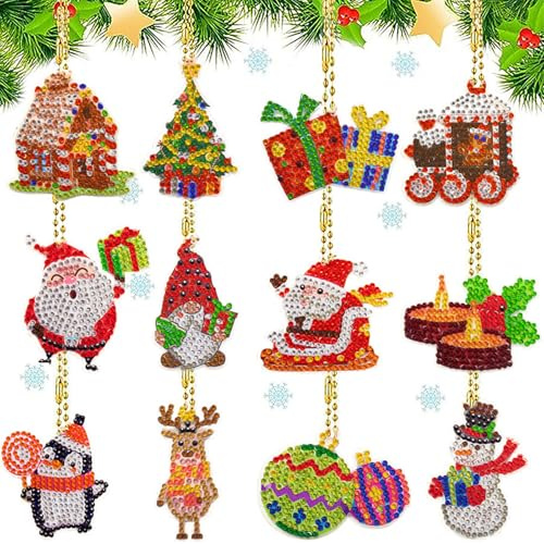 FYting 12 Stück Diamond Painting Weihnachten Anhänger,5D Diamant Painting Weihnachten,Diamond Painting Kinder SchlüSselanhänger, Geschenkanhänger, Fensterbehang (D)