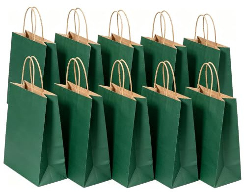 SHUBEIEUMI 10 Sacs Cadeaux en Kraft Avec Poignées,Vert Foncé | 21x15x8 cm Petite Taille Sacs en Papier pour Anniversaires, Mariages