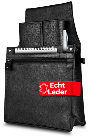 Kellnerset aus Echtleder – Kellner Geldbörse mit 6 Scheinfächern + Premium Kellnertasche | Gastro Kellnerbörse & Bedienungstasche mit Gürtelschlaufe & Reißverschlussfach (SET Tasche + Börse, Schwarz)