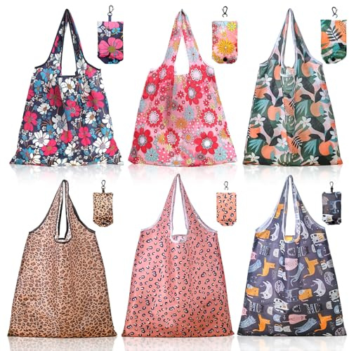 SPOKKI 6 Pack Foldable Shopping Bags, Reusable Grocery Bags with Hook, Tote Bags, Eco-friendly Travel Recycle Folding in Pocket, Waterproof & Machine Washable Nano Bag for Daily Use Picnic