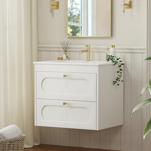Mepplzian Under Sink Bathroom Cabinet,Bathroom Vanity Units with Basin,Wall Hung Vanity Unit with Wash Basin Ceramic Sink, 2 Drawer Cloakroom Under Sink Storage Cabinet,Wall Mounted 600 mm