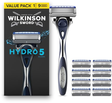 Wilkinson Sword Hydro 5 Herrenrasierer, Vorteilspack, Haut-Hydratation, karbonbeschichtete Klingen, Rasierergriff plus 9 Ersatzklingen