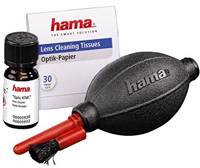 Hama Foto Reinigungsset 3-teilig Optik HTMC Dust Ex (Blasebalg mit Pinselaufsatz, Optik-Reinigungsflüssigkeit mit Dosierpinsel, feines Optik-Papier, Reinigung von Spiegelreflex Kameras, Objektiven, etc.)