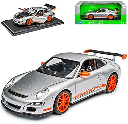 Welly Porsche 911 997 GT3 RS Silber mit Orange 2004-2011 1/18 Modell Auto mit individiuellem Wunschkennzeichen