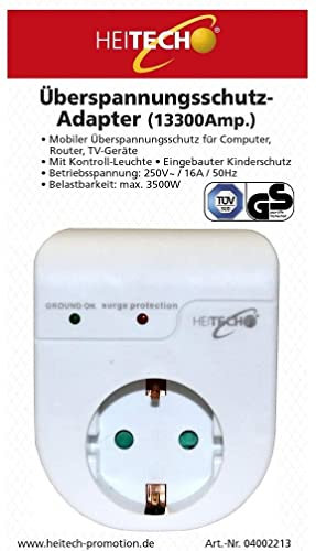 HEITECH Überspannungsschutz Adapter - TÜV & GS geprüfter Zwischenstecker 1 fach - Überspannungsschutz 13300 Ampere - Adapterstecker