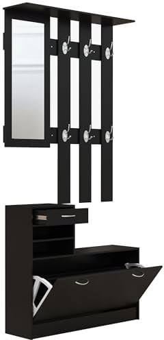 HOMCOM Ensembles 3 en 1 de Meuble d'entrée vestiaire avec Panneau Porte-Manteau, Miroir et Banc à Chaussures - 6 Crochets et étagère réglable, Noir