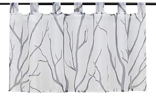 HeichkelL Voile Transparent Scheibengardine Modern Schlaufen Kurzstore Bedruckt 》Baumzweige《 Küchegardine Weiß#1 HxB 60x140 cm