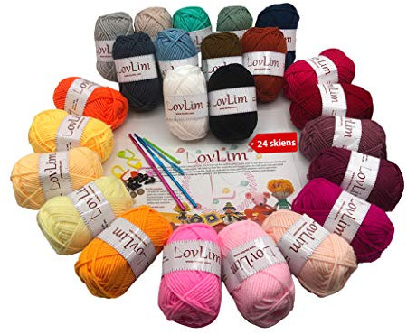 LovLim Crochet Yarn kit, 24 Soft Cotton Yarn skeins, 1500+ Yards, for Crochet and Knitting, Craft DK Yarn, Free Crochet/Amigurumi Patterns, Perfect Starter kit